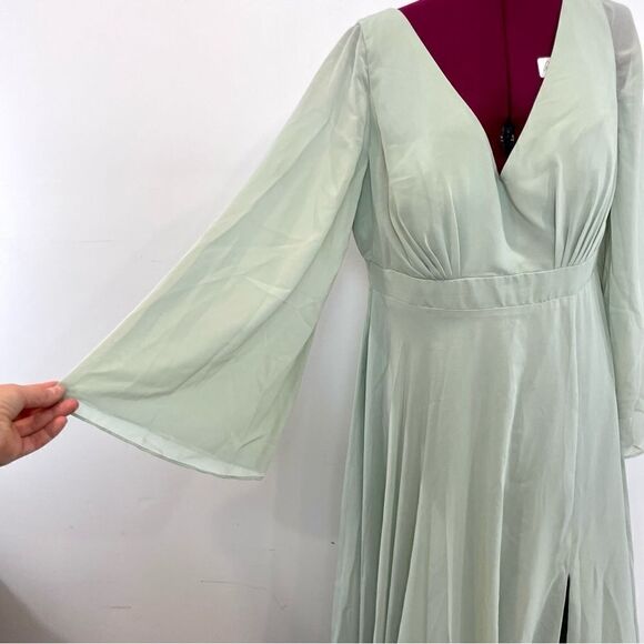 JJs House A-line V-Neck Chiffon Bridesmaid Dress Bell Sleeves Slit Sage 14/16 - Picture 4 of 11